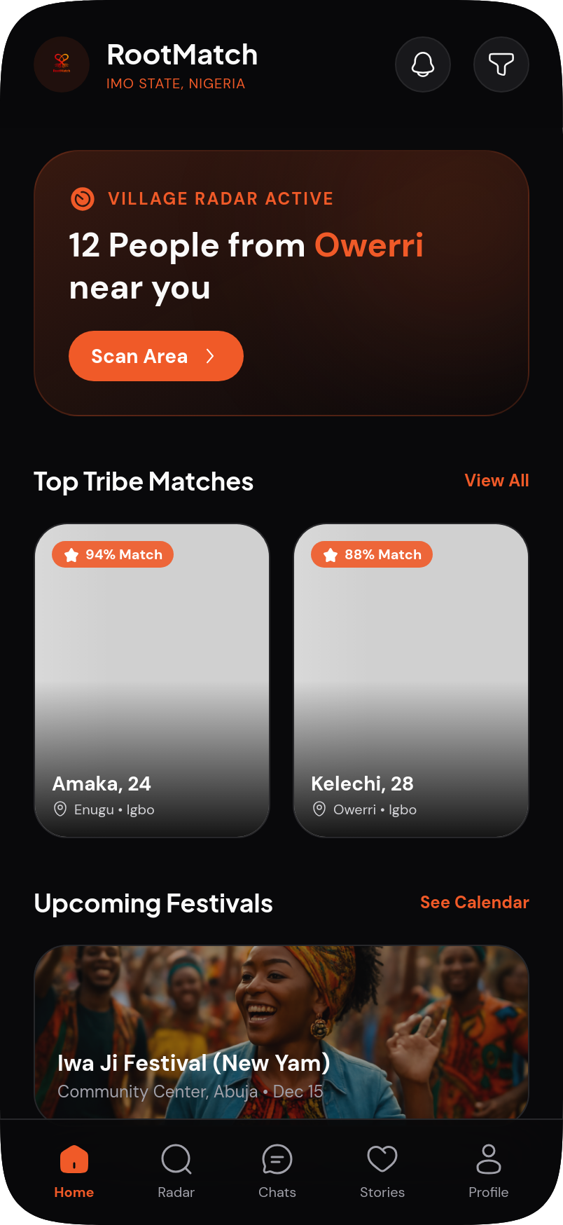 RootMatch Dashboard showing top tribe matches and upcoming festivals